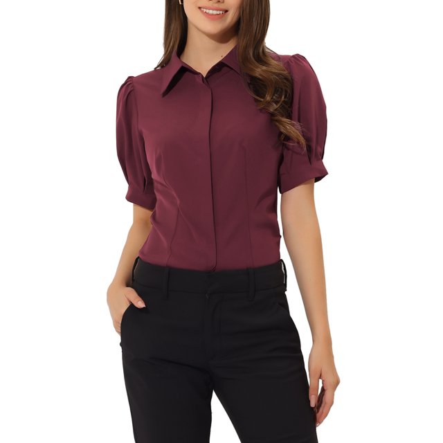 INSPIRE CHIC Chemise de Bureau Essentielle pour Femme à Manches Bouffantes, Col en Pointe, Boutonnée, TP Rouge Foncé