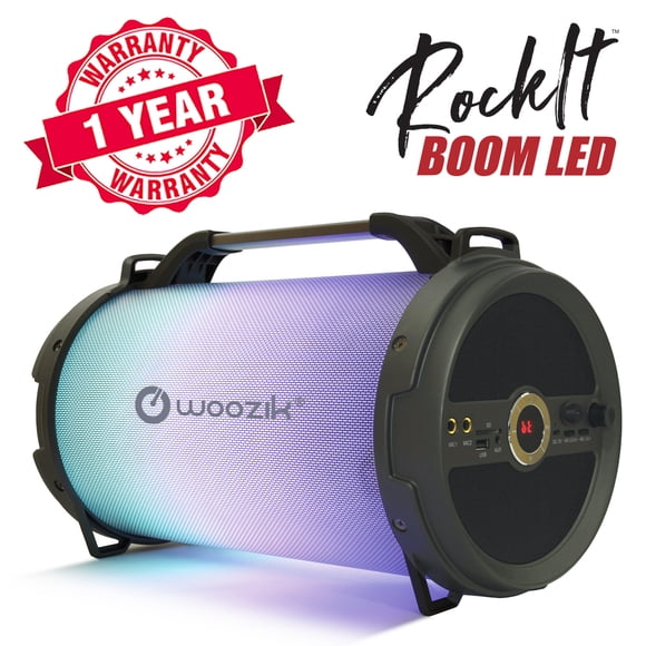 Woozik Rockit Boom Haut-Parleur Bluetooth à DEL, Boombox Sans Fil Intérieur Extérieur avec Radio FM, AUX, USB, Fente pour Carte SD et Prise en Charge du Micro