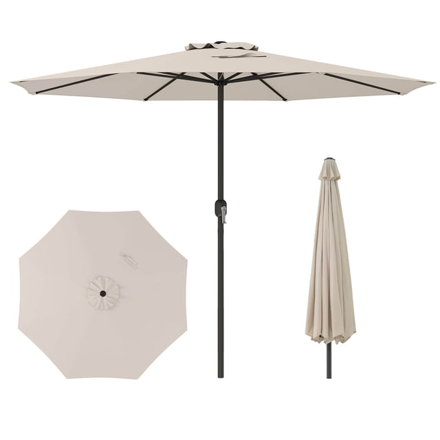 Costway Parasol de Patio 12 Pi Parasol de Marché Extérieur avec Manivelle et 8 Nervures Robustes en beige. le Parasol Présente une Grande Toile en polyester de 12 Pi Qui Est Anti-Soleil, Non Décolorante et Résistante aux Gouttes. Il Est Soutenu par un Cadre en Métal Enduit de Poudre avec 8 Nervures Robustes pour la Stabilité. la Toile Ventilée Améliore la Circulation d'Air et Réduit la Pression du Vent. Comprend une Manivelle pour une Ouverture et une Fermeture Faciles. Montré dans une Vue Orientée vers l'Avant avec le Parasol Ouvert, une Vue de Dessus vers le Bas du Auvent