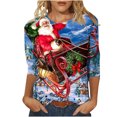 thumbnail image 2 of Hauts d'Été pour Femmes Haut Décontracté Ample Col Rond Manches 3/4 Imprimé de Noël Blouses à Manches Longues pour Femmes en Solde, 2 of 5