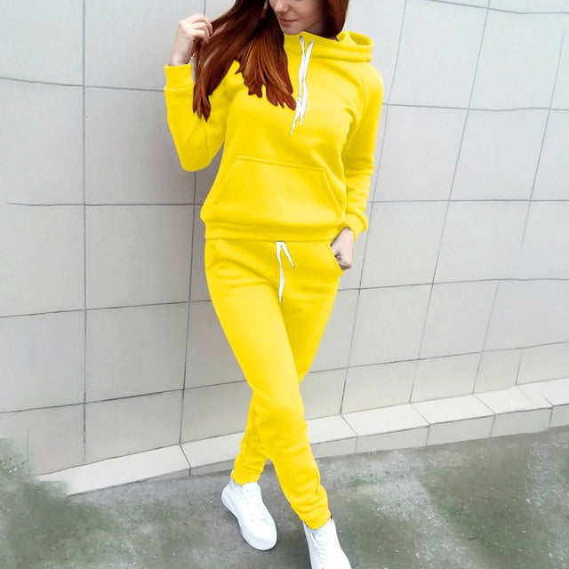 UPPADA Two Piece Crop Set,Two Piece Fall Outfits for Women Tracksuit Sweat Suits Workout Jogging Sets Loungewear with Pocket Yellow,S