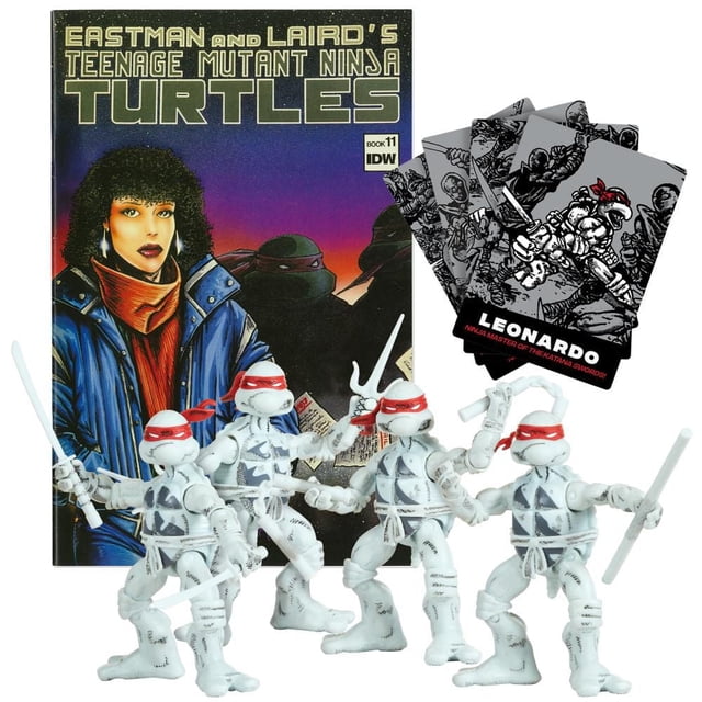 TMNT Black and White Comic Book Bundle with Comic featuring four white and black Teenage Mutant Ninja Turtles action figures with red masks and signature weapons, displayed in front of a colorful 1984 comic book cover and three black-and-white character cards, suitable for collectors and fans of TV and movie action figures.