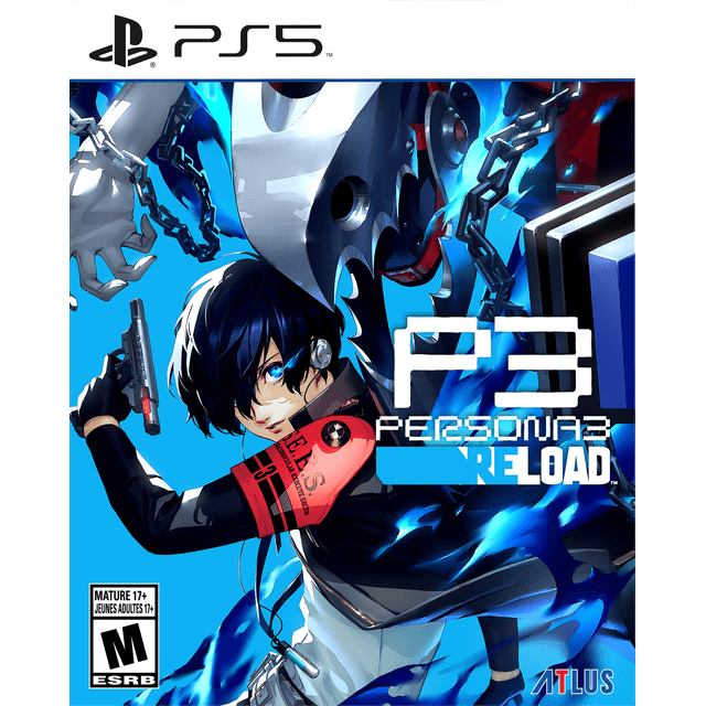 Persona 3 Reload PlayStation 5 game cover Mettant en Vedette un Personnage aux Cheveux Foncés Tenant une Arme de Poing, Entouré de Flammes Bleues et de Chaînes avec une Grande Figurine Mécanique en Arrière-Plan, aux Côté du logo PS5 et de la Cote ESRB Mature 17+.