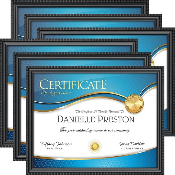 SURJDE 8.5x11 (22x28 cm) Certificate Frames (Black, 6 Pack), Beautifully Detailed Molding, Contemporary Document Frame Set, Wall Mount or Table Top, Inspirations Collection