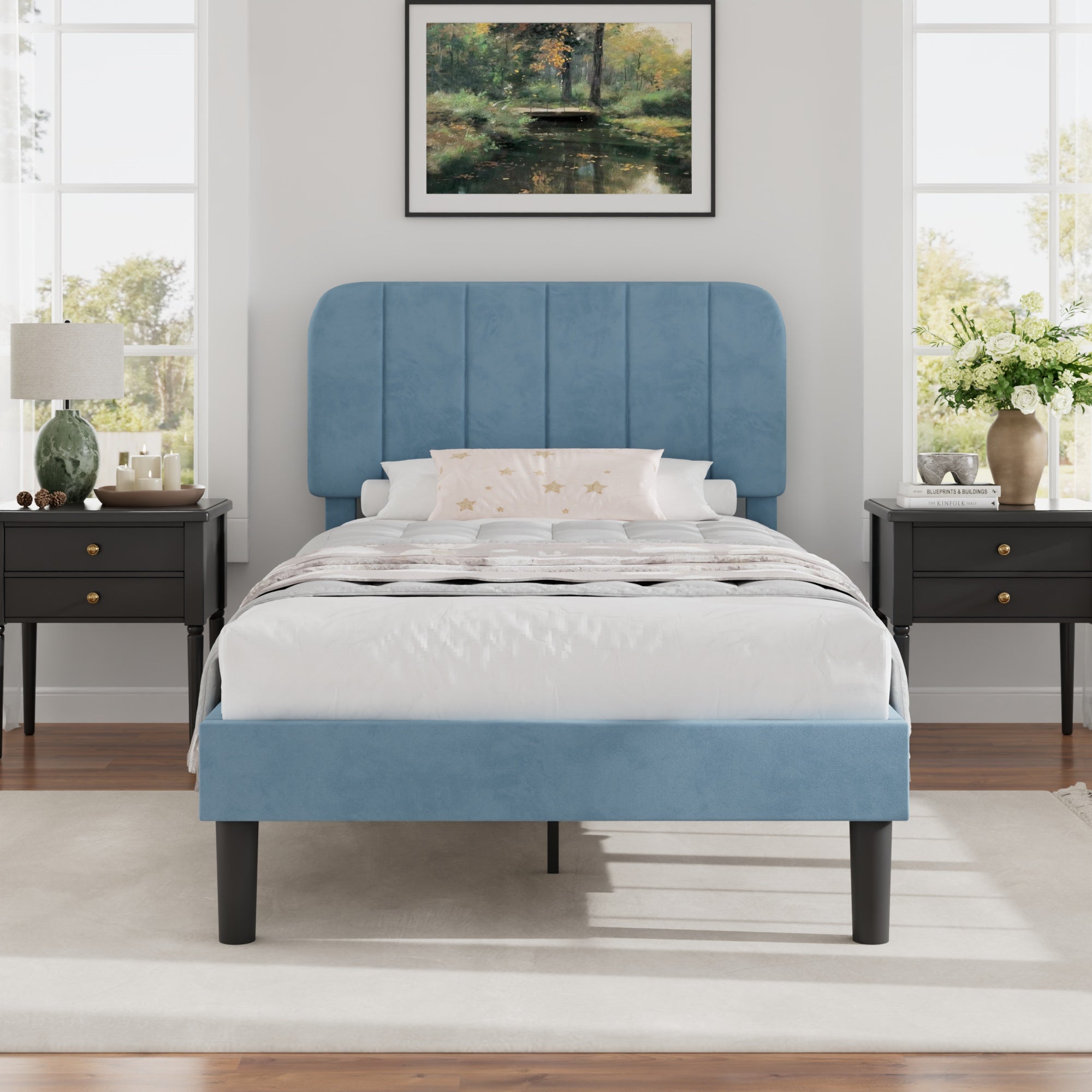 VECELO Twin Size Upholstered Beds, Modern Platform Bed Frame with Adjustable Headboard, Wooden Slats Support/No Box Spring Needed, Light Blue