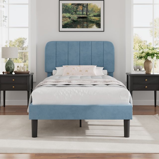 VECELO Twin Size Upholstered Beds, Modern Platform Bed Frame with Adjustable Headboard, Wooden Slats Support/No Box Spring Needed, Light Blue