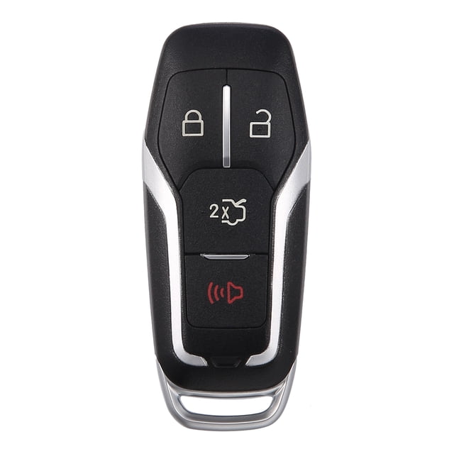 Unique Bargains Car Key Fob Shell 4 Button Remote Control Key Case Keyless Entry Housing for Ford Explorer 2016-2017. The black TPU key shell features four buttons, including lock, unlock, remote start, and panic alarm, with silver accents and a keyring slot at the bottom. Designed as a replacement shell for Ford Edge 2017, Ford Explorer 2016, and Ford Mustang 2015-2017 models, it protects the key from scratches and damage. Note: No electronic internals included; transfer components from the old key.