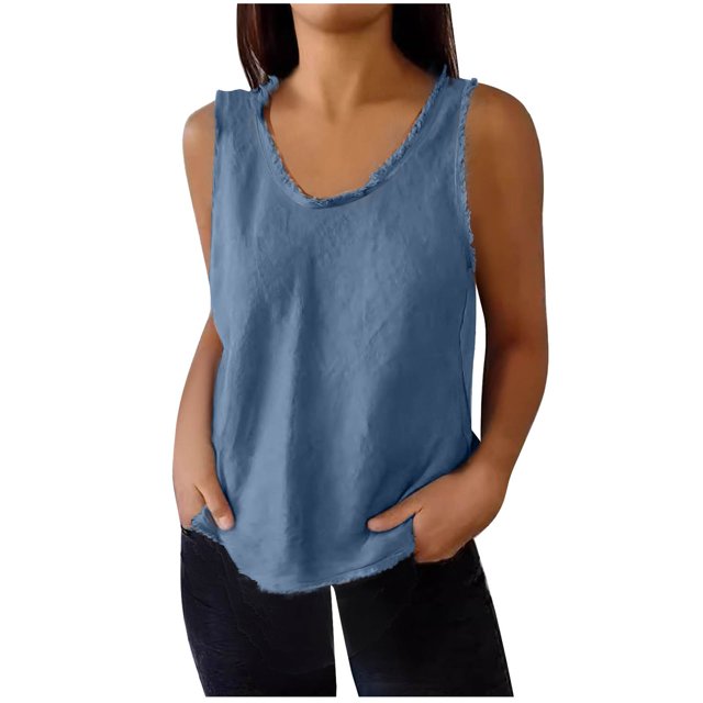 Plebaso Débardeurs pour Femmes Col Rond Sans Manches T-Shirts Couleur Unie Décontractés Amples Basiques