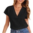 thumbnail image 1 of Dealovy Hauts pour Femmes Été Manches Courtes Décontracté Coupe Ample Col en V Léger T-Shirts Unis, 1 of 6