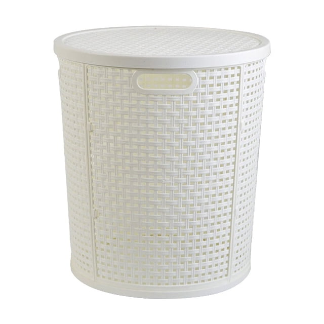 Jubipavy Clothing Storage Containers Household Dirty Clothes Basket made of durable plastic with an imitation rattan design. This large-capacity basket features a smooth surface, side handles for easy transport, and a hollowed-out frame for improved ventilation. Ideal for organizing clothes, toys, or as a bath toy holder in baby bath areas.