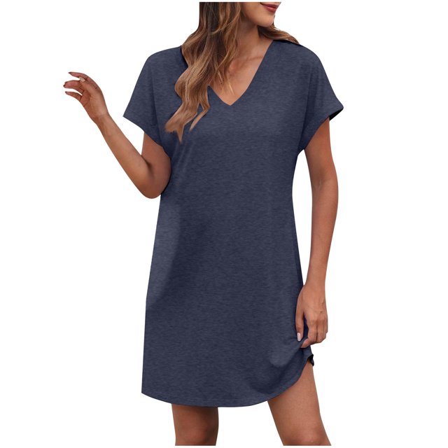LOVZFMLL Robes d'Été pour Femmes Décontractées Amples, Robe T-Shirt Droite Bleu Foncé, avec Encolure en V, Manches Courtes à Revers et Coupe Décontractée. la Robe Légère Unie Est Conçue pour un Usage Quotidien Décontracté et Convient à Toutes les Saisons. Affichée en Taille TTG.