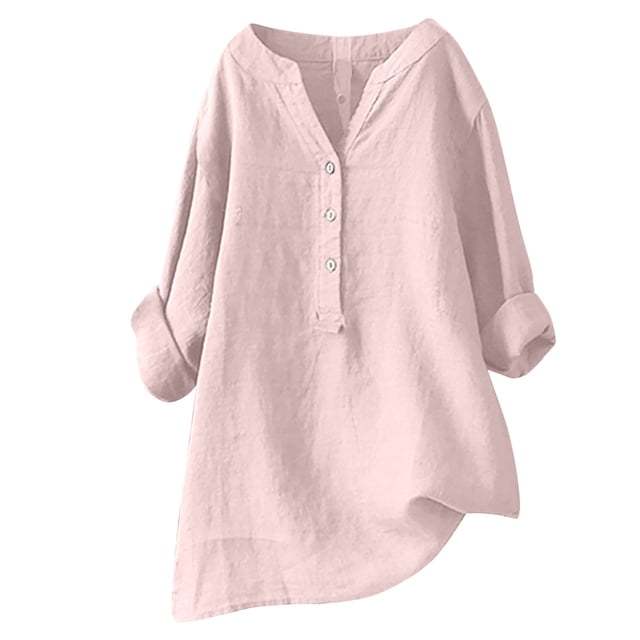 Penkiiy Tunique Oversize pour Femme Blouse à Manches Longues Décontractée Midi T-Shirt en Coton et Lin Hauts Confortable Grande Taille Chemise Asymétrique L Rose
