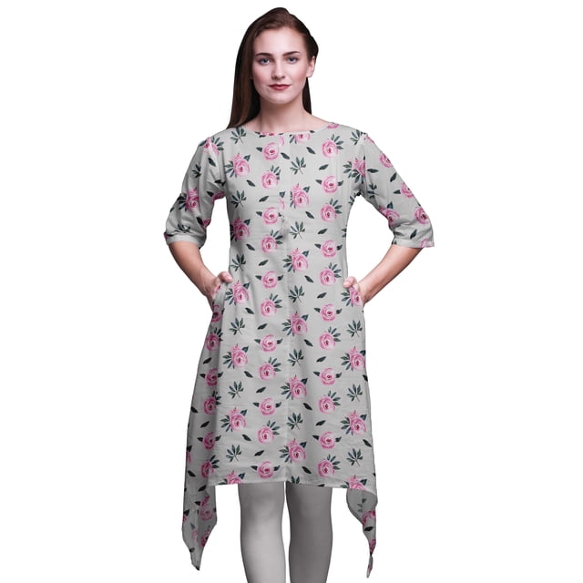 Bimba Gray Leaves & Ranunculus Floral Asymmetric Kurta Indian Tunic Tops For Women Printed Indian Clothing XSmall