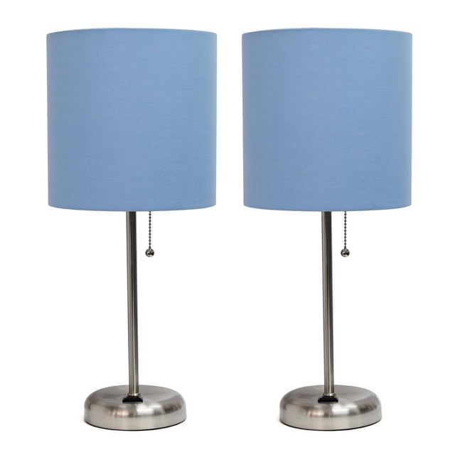 LimeLights Brushed Steel Stick Lamp with Charging Outlet and Fabric Shade 2 Pack Set with two table lamps featuring brushed steel bases and light blue fabric drum shades, each with a pull chain switch and built-in 2-prong charging outlet on the base, ideal for bedrooms, dorms, or offices.