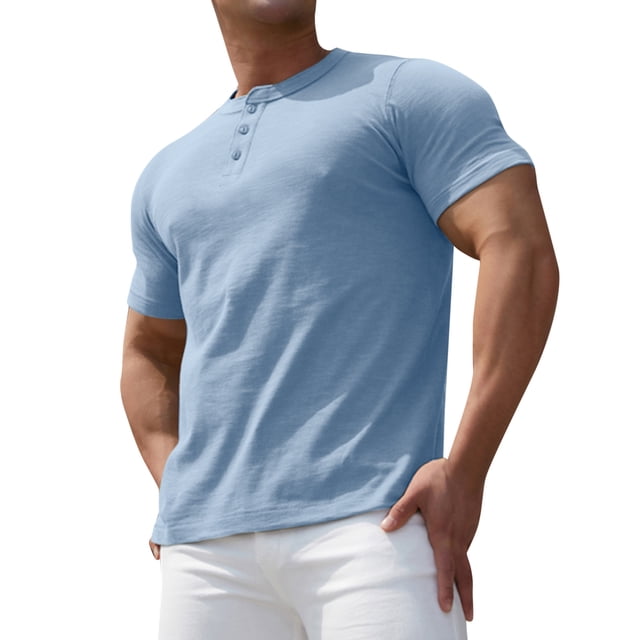 BOBOGOJP T-Shirts de Mode pour Hommes Manches Courtes Col Rond Hauts de Travail Couleur Unie Chandail (Bleu,G)