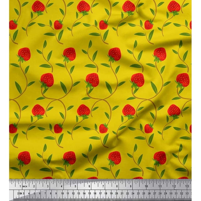 Soimoi polyester Crepe Fabric Leaves & Strawberry Fruits Print Sewing Fabric Yard 42 Inch Wide