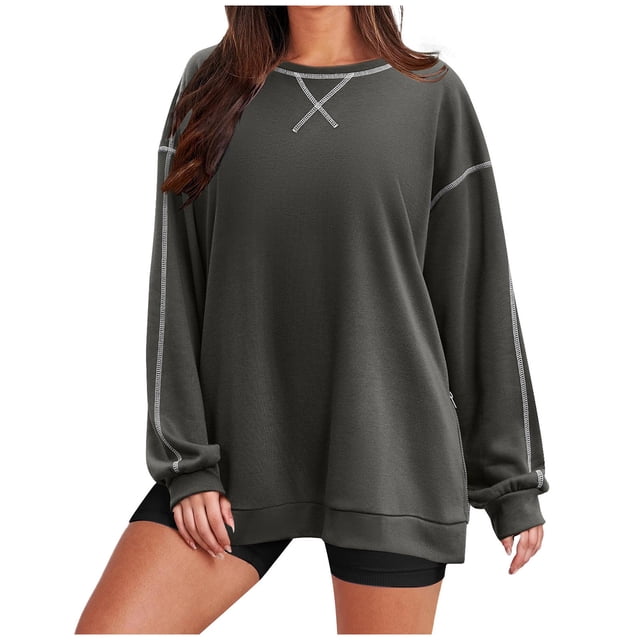 Penkiiy Chandails en Molleton Oversize pour Femmes Manches Longues Col Rond Chandail Tops Automne Hiver 2024 Tendance Fermeture à Glissière Latéral Sortie Chandails à Capuchon L Gris Foncé