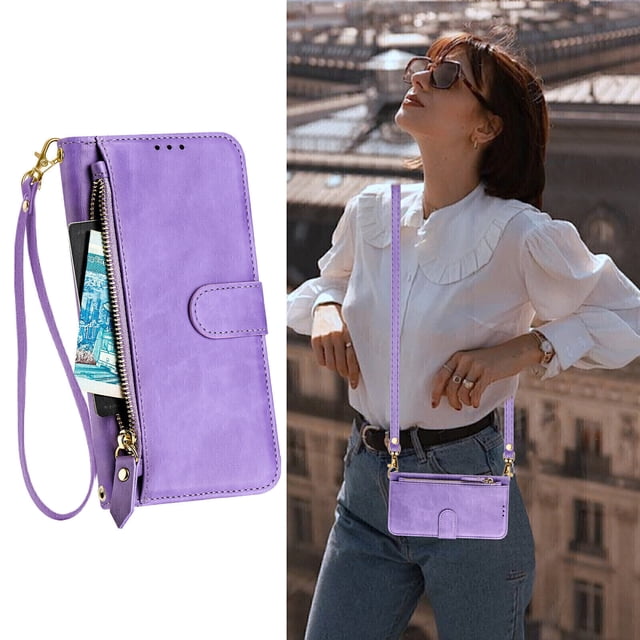 iPhone 14 PRO Case ,Zipper Handbag Wallet Leather Cover with Crossbody Detachable Lanyard Strap