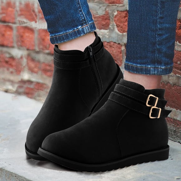 Bmisegm Suede Boots for Women Booties Womens Shoes Fashion Lightweight Round Toe Thick Sole Flat Suede Low Tube Metal Buckle Short Boots Boots for Women Black 7.5