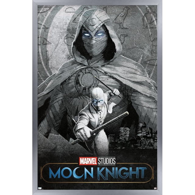 Marvel Moon Knight - Affiche Murale Teaser, 22,375 Pouces x 34 Pouces Représentant un Grand Moon Knight à Capuche avec des Yeux Lumineux et un Emblème de Lune en Croissant sur le Front, Portant une cape Texturée, Debout derrière une Figurine Convenable Tenant Deux Bâtons dans une Posture d'Action, sur un Fond Sombre avec des Symboles Égyptiens Anciens et une Ligne d'Horizon de Ville, avec Marvel Studios et Moon Knight logos au Bas.
