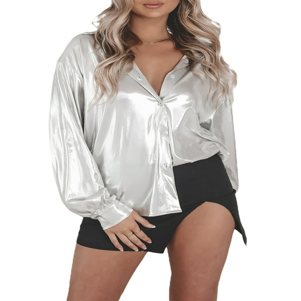 Chemise en Cuir Brillant pour Femmes à Manches Longues, Col Rabattu, Boutonnée, Blouse Métallique Ample