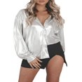 thumbnail image 1 of Chemise en Cuir Brillant pour Femmes à Manches Longues, Col Rabattu, Boutonnée, Blouse Métallique Ample, 1 of 8