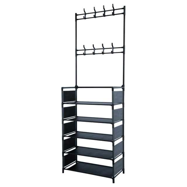 5 Tiers Metal Shoe Rack Hat Rack Adjustable Hall Tree with 16 Metal Hanger Hooks Side Cover for Entryway Bathroom Living Room Easy Assembly Black Black