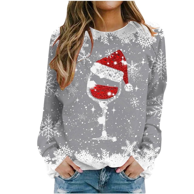 Besolor Chandail à Col Rond de Noël pour Femmes, Imprimé de Verre de Vin, Manches Longues, Chandails Mode, Hauts Graphiques Flocon de Neige
