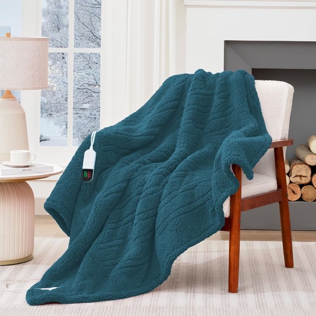 LNGOOR Heated Blanket Electric Throw 50”x60” Soft Double Sided Sherpa Heating Blanket With 8 Fast Heating Levels & 1-8H Auto-Off Over-Heat Protection Machine Washable ETL Certification