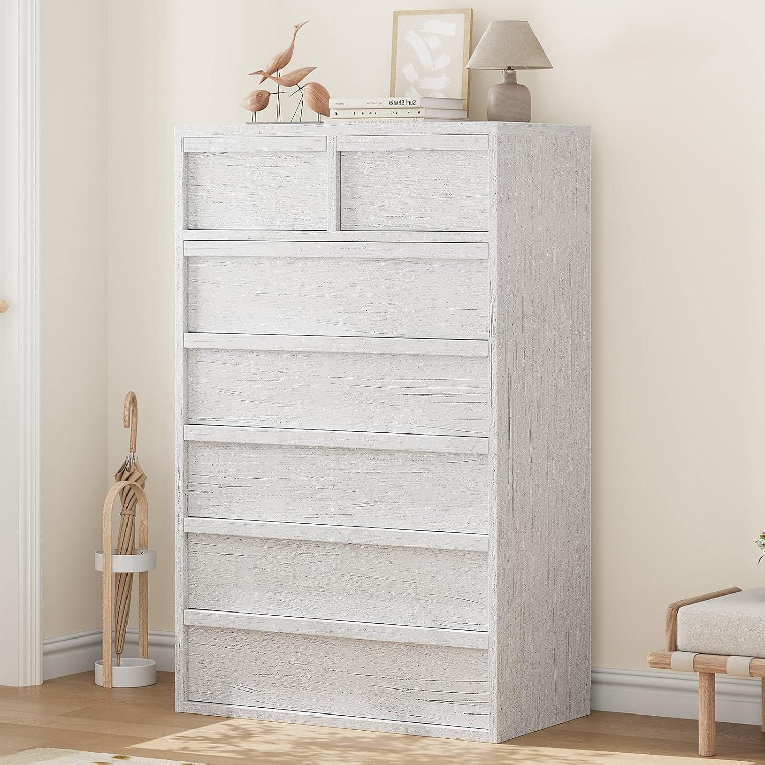 7 Drawer Dresser for Bedroom, 46 in Tall 7 Chest of Drawers with Large Storage, Wooden White Dresser Organizer Nightstand for Living Room, Closet, Entryway