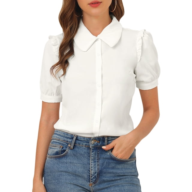 INSPIRE CHIC Women's Collared Top Peter Pan Collar Short Sleeve Button Front Shirts XS White