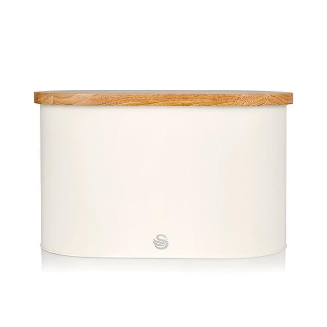 Swan Nordic Bac à Pain avec Planche à Découper en Blanc, au design Minimaliste d'Inspiration Scandinave. Fabriqué en Acier au Carbone durable avec une Finition au Toucher Doux, Comprend un Couvercle de Planche à Découper en Bambou. le Bac à Pain Mesure 13,6 Pouces de long, 6,5 Pouces de Profondeur et 7,3 Pouces de Hauteur, Offrant une Grande Capacité de Rangement pour les Produits de Boulangerie.