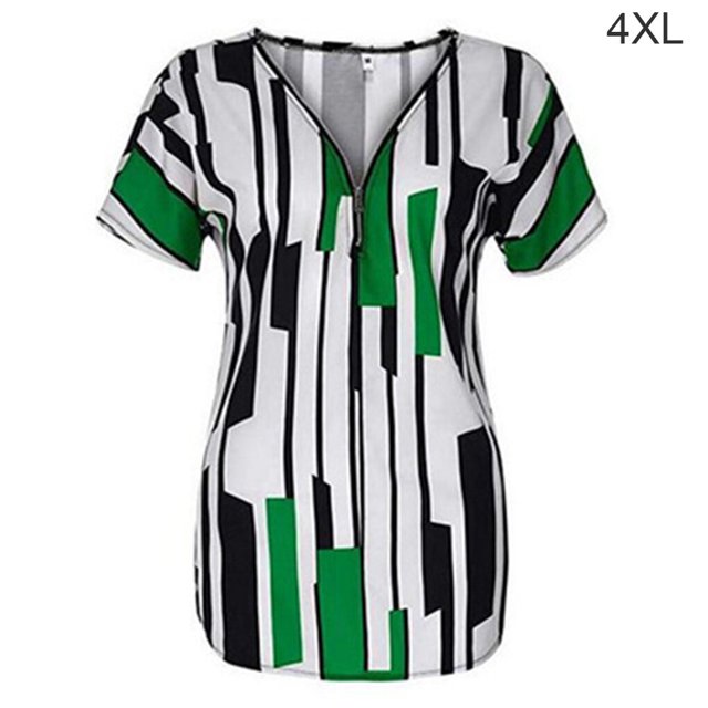 T-shirt pour Femme à Col en V, Haut à Rayures, Manches Courtes, Blouse à Fermeture Éclair, Blouse Ajustée en V, Vert, 4TG
