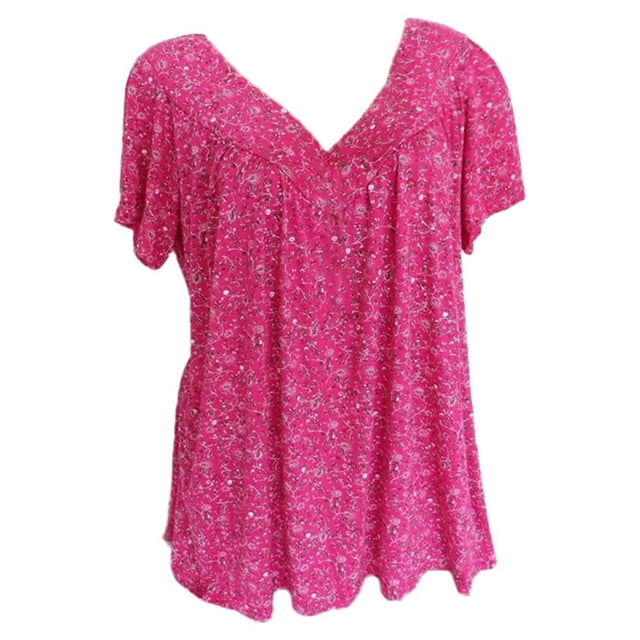 Leutsin Women Plus Size Short Sleeves V-Neck Print Blouse Pullover Tops Shirt