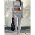 thumbnail image 4 of Honganda Women Spring Outfits Solid Color Long Sleeves Crop Tops Bootcut Pants  2 Pcs Set Streetwear Aesthetic Clothes, 4 of 9