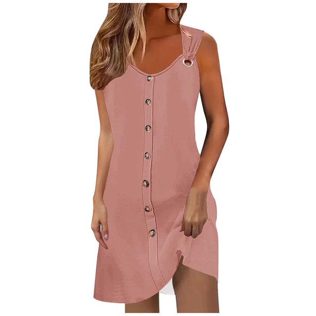 Timegard Robes d'Été pour Femmes Col en V Sans Manches à Boutons Coupe Ajustée Décontractées Confortables Mode