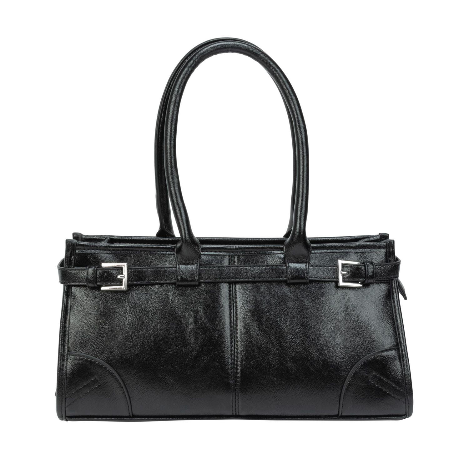 Time & Tru Slim Satchel Handbag, Oil-Waxed Faux Leather, Top Handles with Removable Adjustable Strap, Inner Zipper Pocket, Top Zipper Closure, Black