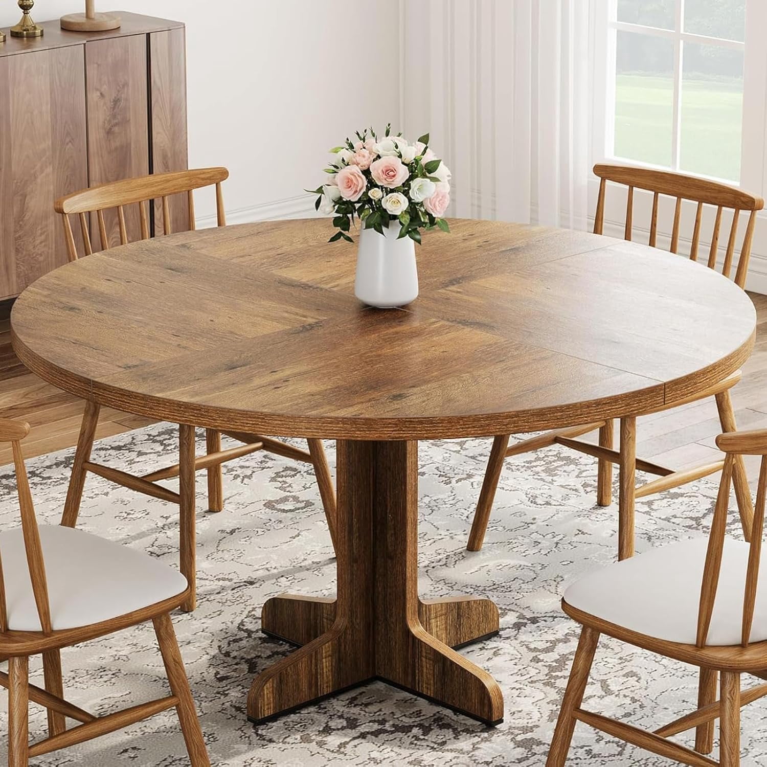 Round Dining Table for 4, 47" Circle Dining Room Table with Wooden Base for Kitchen, Living Room (Table Only), Brown