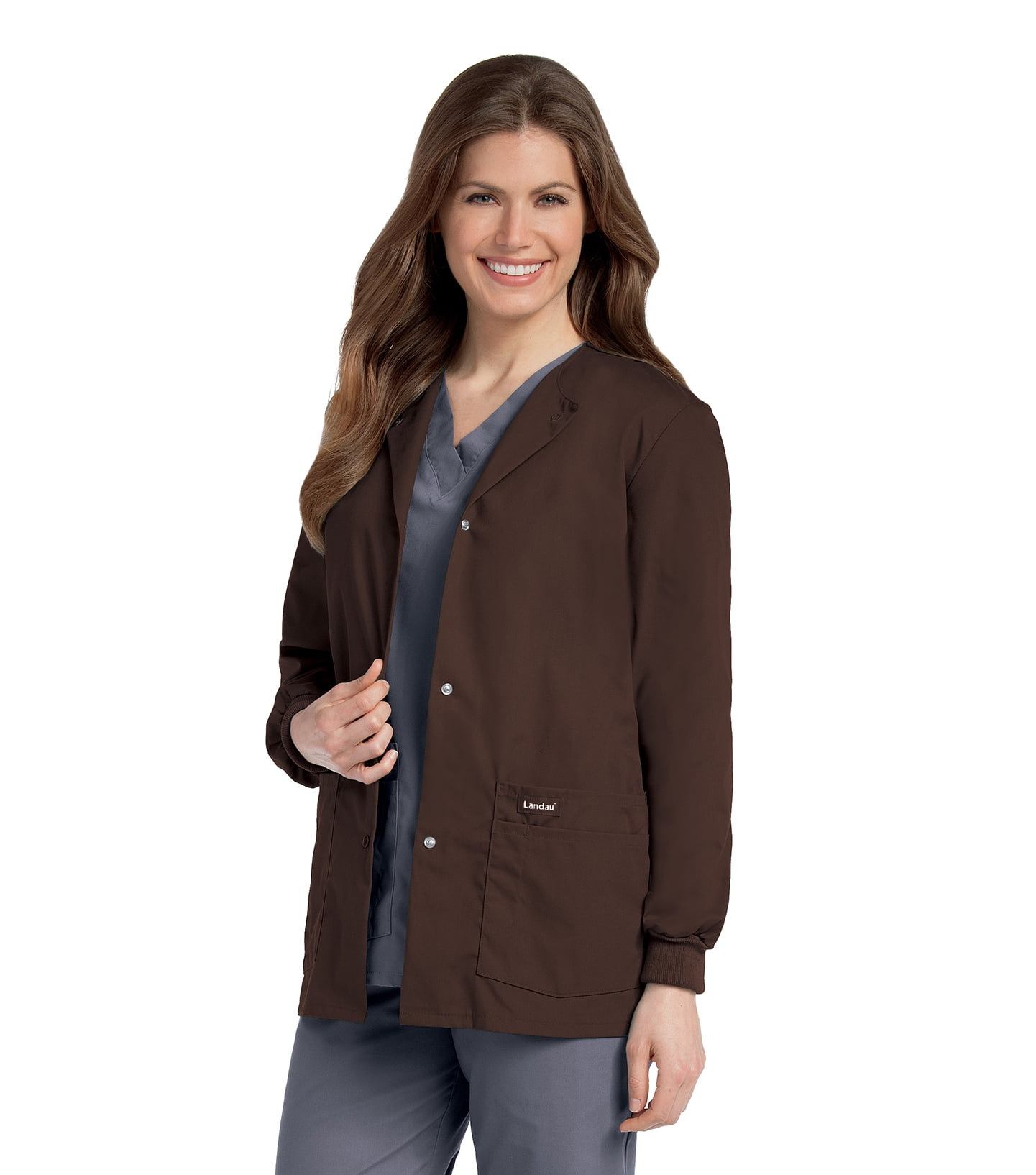 Landau Essentials Veste d'Uniforme à 4 Poches pour Femmes : Coupe Classique et Décontractée, Col Ras du Cou, devant à Boutons-Pression et Poignets en Tricot 7525