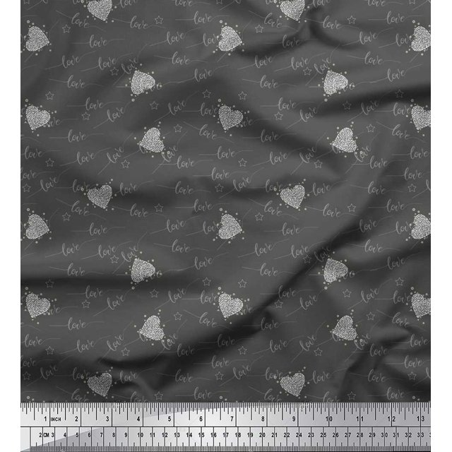 Soimoi Gray Georgette Viscose Fabric Heart & Love Text Print Fabric by Yard 42 Inch Wide