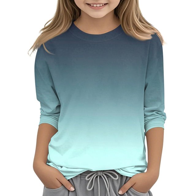 MKOSPLRT Hauts à Manches 3/4 pour Filles Col Rond T-Shirts Décontractés Tuniques Dégradées Mode T-Shirts Doux pour Sortir Blouses Confortables en Liquidation