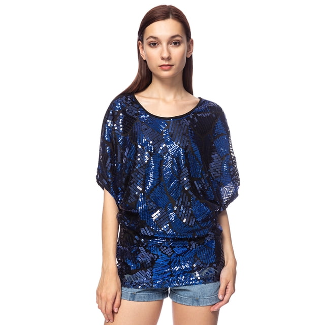 Haut Blouse de Soirée à Paillettes à Manches Dolman Coupe Ample pour Femmes