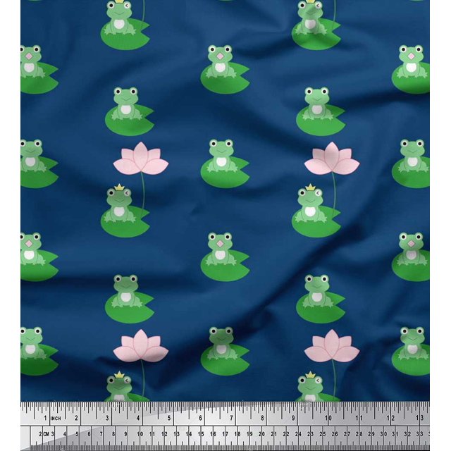 Soimoi Modal Satin Fabric Lotus & Frog Kids Print Fabric by The Yard 42 Inch Wide