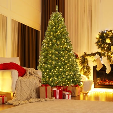 Gymax 7FT Pre-Lit Christmas Tree Hinged Artificial Tree w/ Metal Stand LED Lights