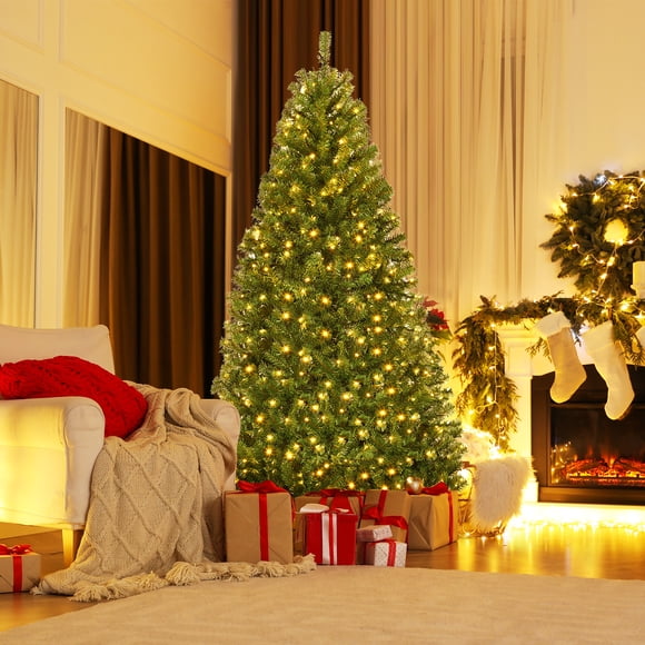 Gymax 7FT Pre-Lit Christmas Tree Hinged Artificial Tree w/ Metal Stand LED Lights