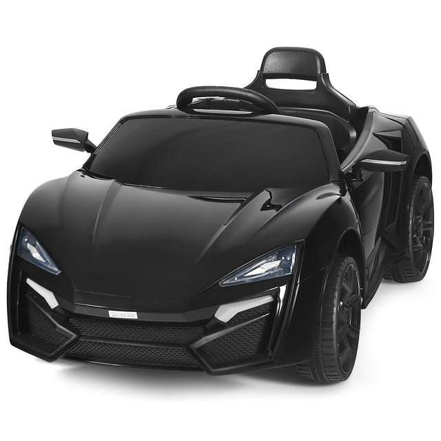 Costway 12V Kids Ride On Car in black, featuring a sleek design with openable doors, LED lights, and a wide seat with a safety belt. This electric vehicle includes a 2.4G remote control for parental guidance, forward and reverse driving modes, and spring suspension for smooth rides. Equipped with USB, TF, and MP3 interfaces for music playback, it is suitable for various terrains like wood floors, asphalt, and brick roads. Recommended for children aged 37-95 months.