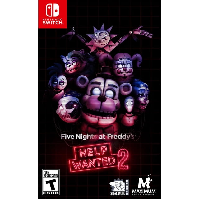 Five Nights at Freddy's Help Wanted 2 (Nintendo Switch) game cover featuring a group of animatronic characters including a bear with a top hat, a sun-shaped figure, and clown and animal robots on a dark grid background with neon red 'Help Wanted 2' text and Nintendo Switch logo in the top left corner.