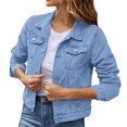 thumbnail image 3 of Women's Denim Jacket Basic Solid Color Button Down Coat with Pockets Stylish Casual Outerwear Comfortable Fit, 3 of 8