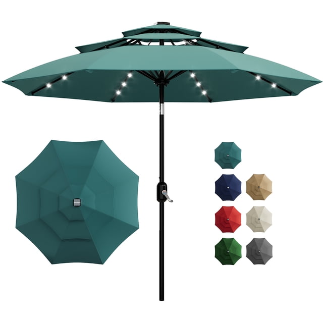 Yiwa 10ft Solar Patio Umbrella Offers a 3-Tier Design With Built-In Led Lights, Easy Crank And Push Button Tilt, Vented Top, And 8 Durable Ribs, Making It Ideal For Your Pool
