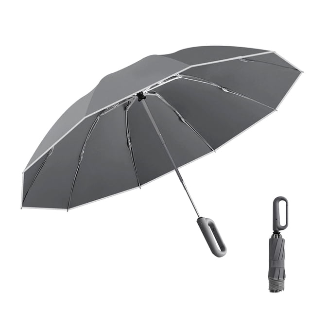 yeacher Automatic Reverse Folding Umbrella with Carabiner Handle - 10 Reinforced Fiberglass Ribs, Windproof & Durable, 280T Pongee Fabric, Compact Travel Design, Reflective Strip for Safety (Multiple